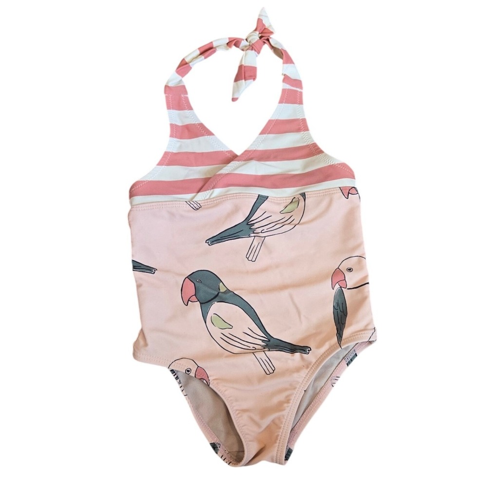 Tea Collection Toddler Girl Swimsuit Halter One‎ Piece Bird Parrot Pink Stripe 3
